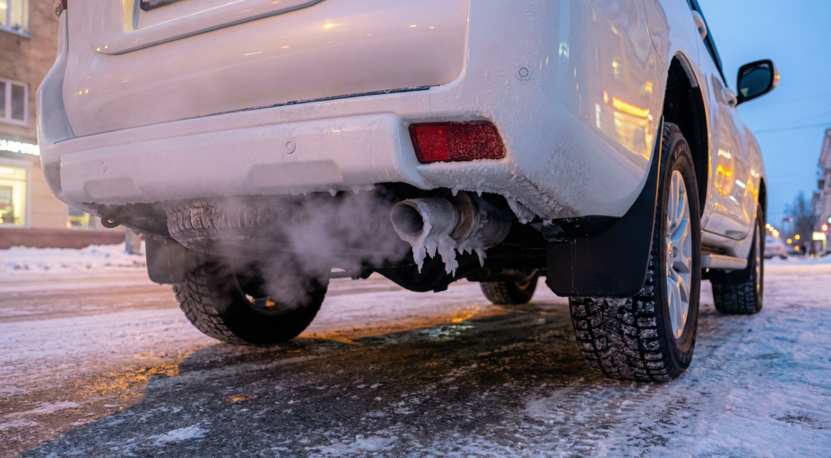 Работа двигателя на холостых в −50°C: ледяной нарост на выхлопной трубе из-за круглосуточного прогрева