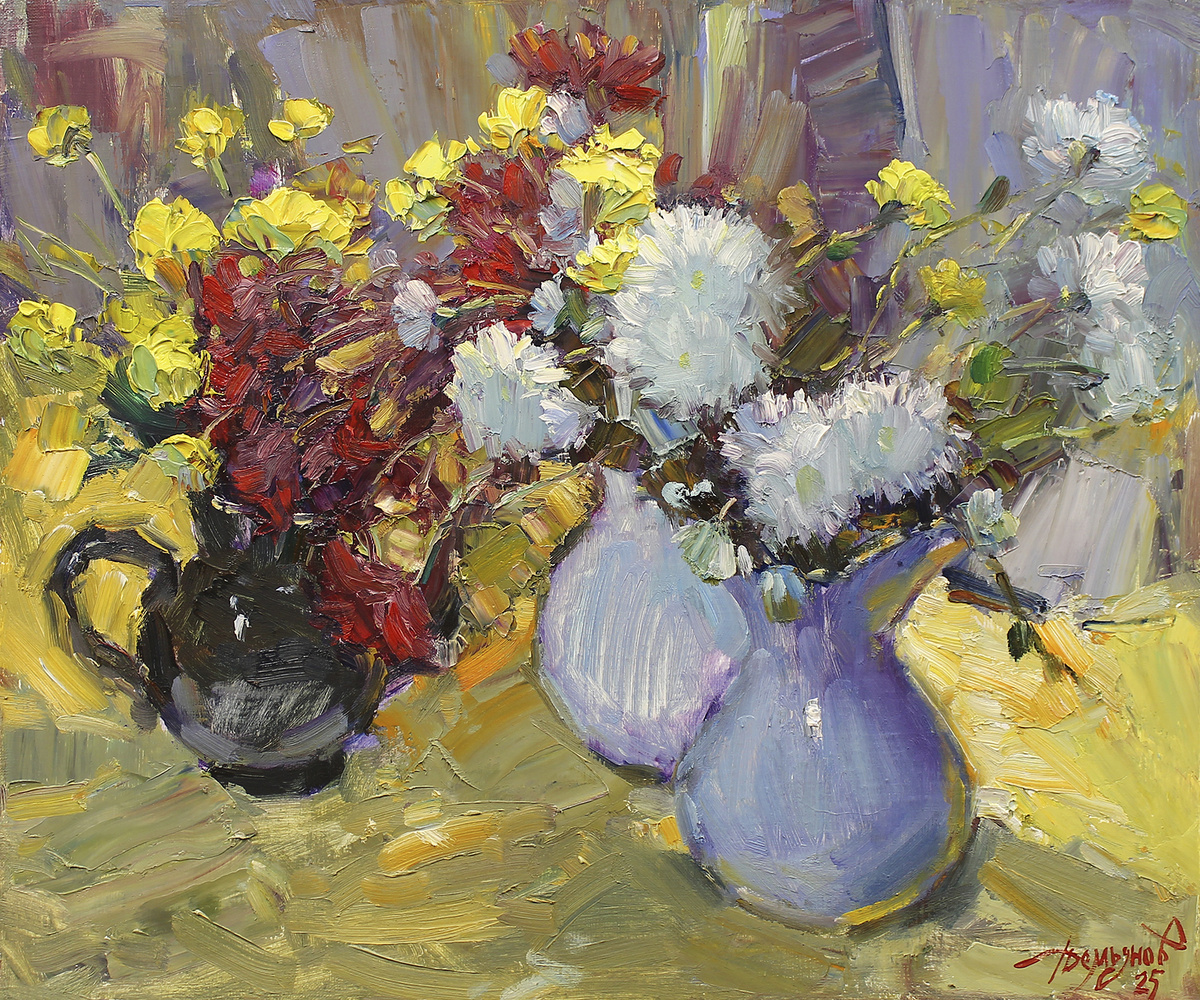 «Жёлтые, красные, белые», холст, масло, 50 х 60, 2025 г.
