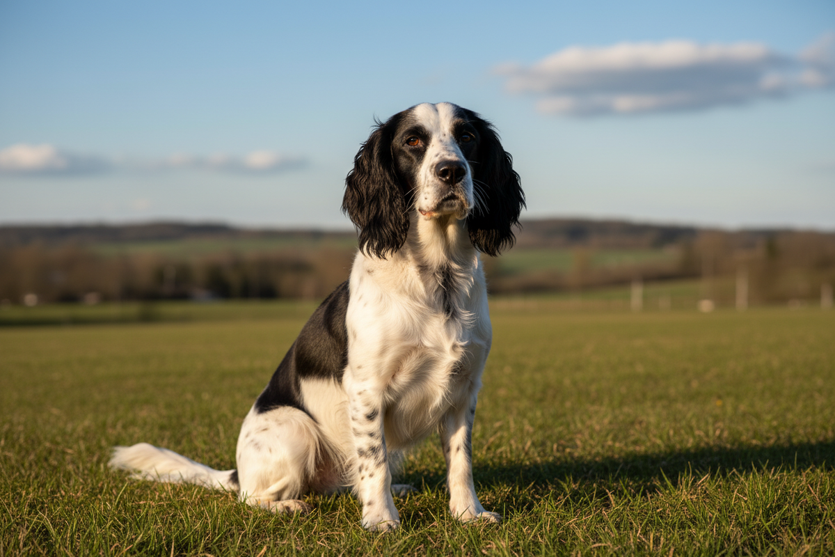 русский спаниель на прогулке