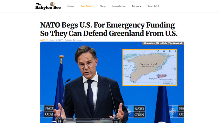    НАТО не справляется с защитой Гренландии от США, поэтому помощь придется просить... у Штатов. Неловко получается, с сарказмом пишет колумнист сатирического журнала The Babylon Bee. Скриншот страницы сайта издания.