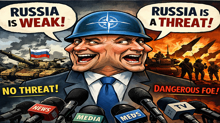    НАТО не может определиться: то ли Россия слаба, то ли представляется угрозу? Карикатура: Shutterstock Ai