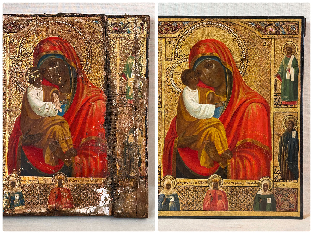 Икона до и после всех консервационных работ и реконструкции всех утрат 