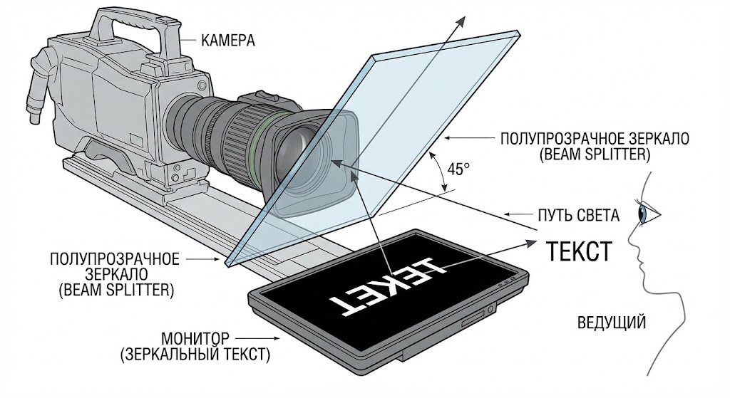 Оптическая схема работы телесуфлера: монитор, лучерасщепляющее стекло и объектив камеры