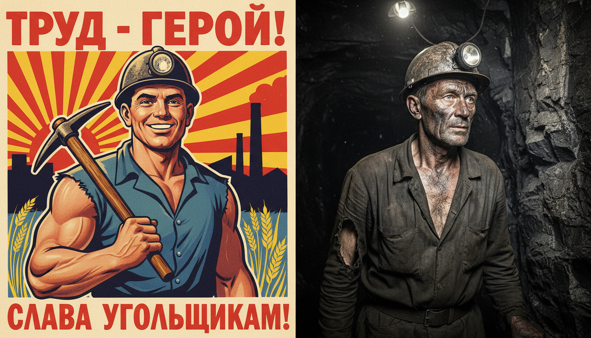 Коллаж: слева агитационный советский плакат с улыбающимся шахтером, справа — реальное фото уставшего горняка в темном забое, контраст пропаганды и реальности 1930-х годов.