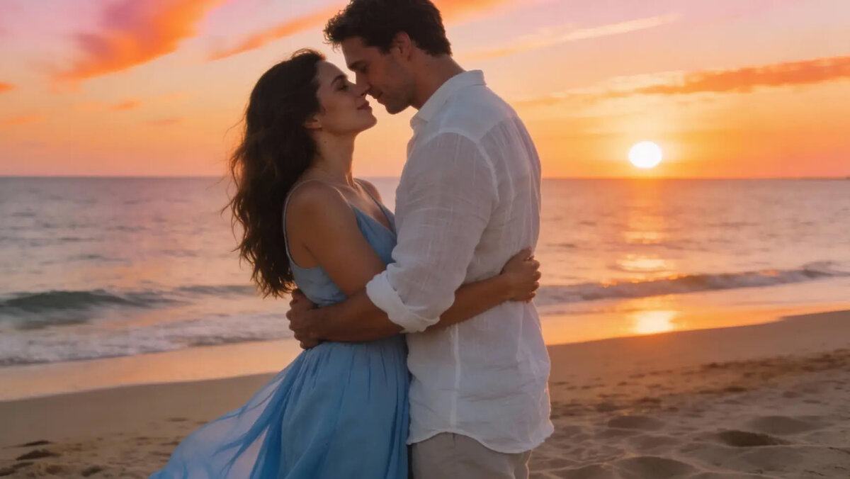 Влюбленная пара на берегу моря