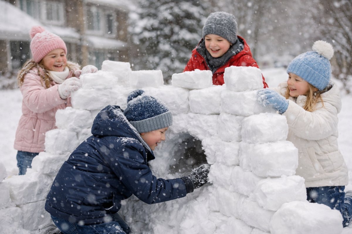 Дети лепят стену из снега