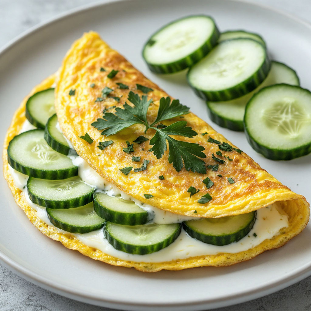 Омлет с сыром и зеленью + огурцы