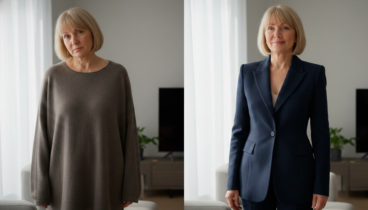 Видите разницу? Слева - мешковатый кардиган добавляет 10 килограммов визуально и "теряет" фигуру. Справа - жакет с вытачками создаёт чёткий силуэт, подчёркивает достоинства и скрывает живот деликатно, а не грубо. Одна деталь - и весь образ преобразился.