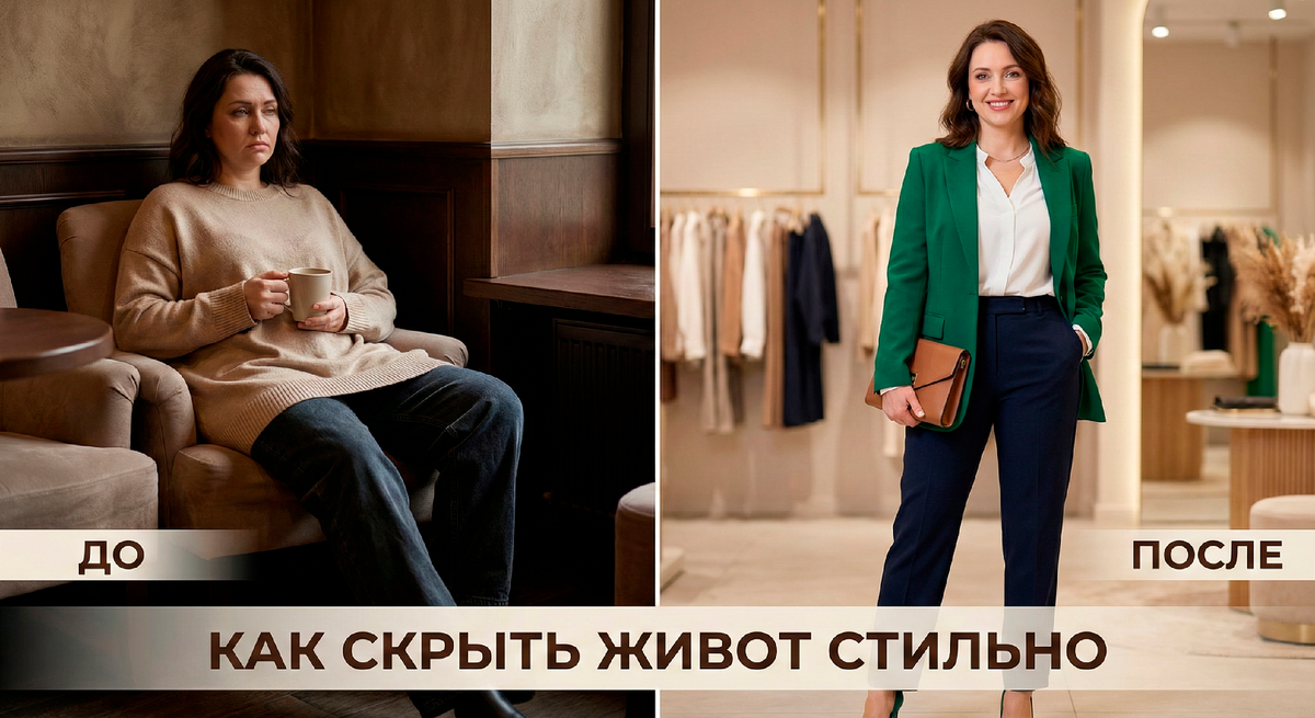 Видите эту разницу? Слева - та самая история, которую я слышу каждый день: "Я скрываю живот в балахоны, потому что больше не знаю, что делать". Справа - она же, но стильная, уверенная, современная. Это не одна вещь - это комбинация: жакет с вытачками + высокая талия + заправленный верх = результат. И главное: она чувствует себя красиво. А это видно в глазах.