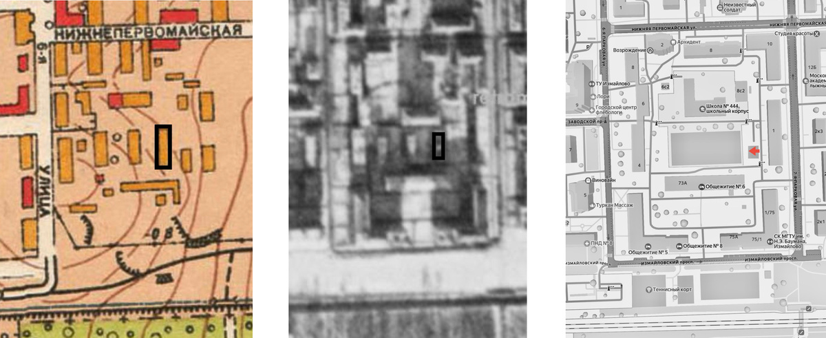 Квартал между 6-й и 7-й Парковыми улицами на плане Москвы 1952 г., спутниковом снимке 1968 г. и современной яндекс-карте. Стандартный деревянный дом, запечатленный на рассматриваемом в статье снимке, выделен черным. Источник: retromap.ru