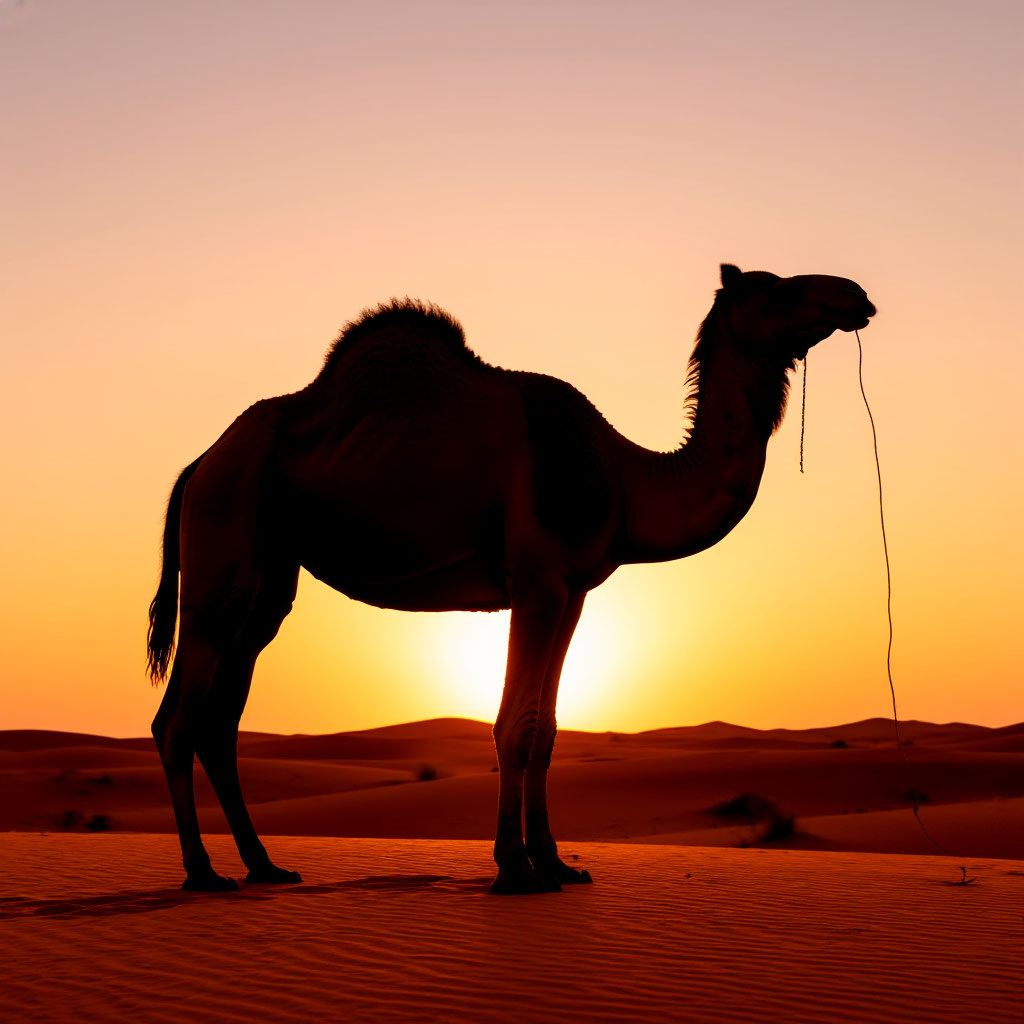 Силуэт верблюда на фоне заката в пустыне.
