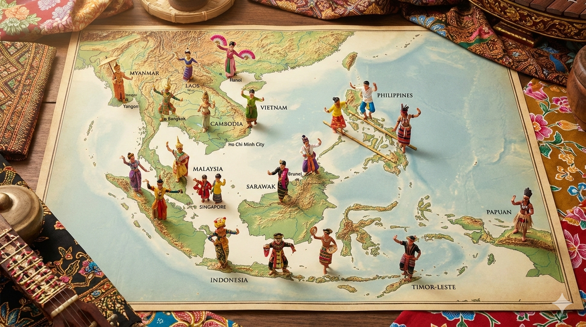 Символическая карта народной танцевальной культуры Юго-Восточной Азии. Изображение сгенерировано нейронной сетью Gemini.