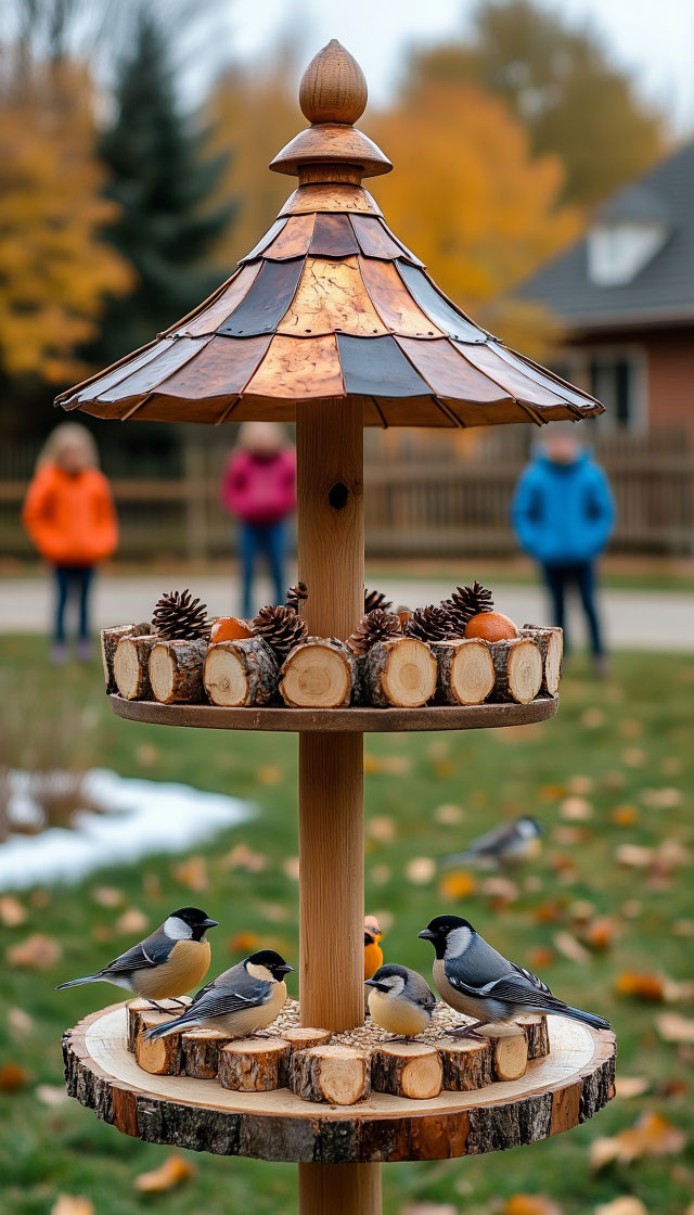 Синички зимой. Подкармливайте птиц.  Дети подкармливают красивых птичек. Кормушка для птиц в основании из торцевой срез дерева. Круглая конусная крыша над ней покрыта медными пластинками. Сгенерировано Шедеврумом Немного снега на желтоватой траве.