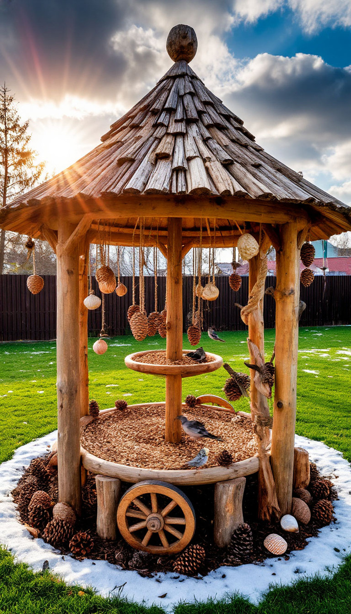 Кормушка для птиц на дачном участке. Стоит на детской площадке. У кормушки колесо телеги с окантовкой из металла. Круглая конусная крыша над ней покрыта деревом. столбики 6 штук из ветвей поддерживают крышу. шишки, коряги по кругу. Солнце из-за туч, немного снега на желтоватой траве с красными опавшими листьями клёна. Изображение сгенерировано Шедеврумом.  На переднем плане птицы: синица, Чиж, Лазоревка.