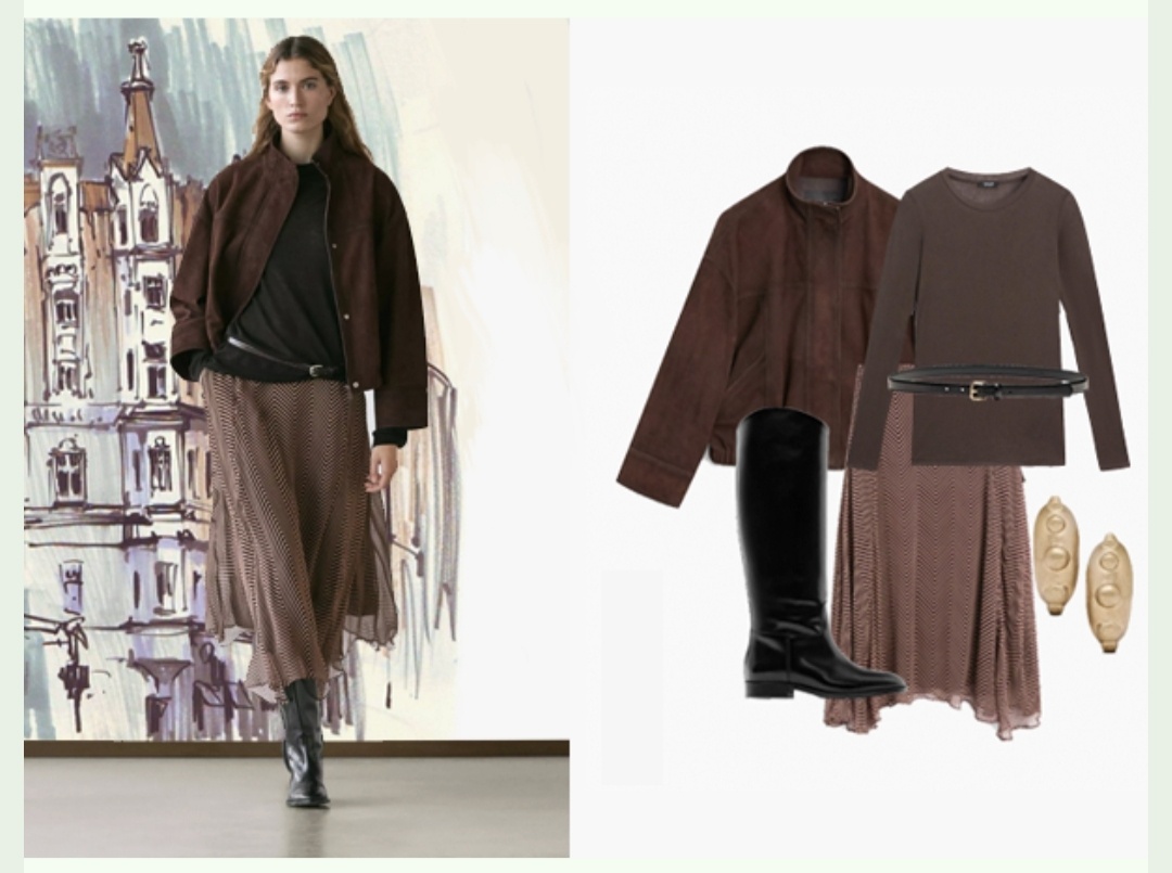 Замшевый бомбер Massimo Dutti | Футболка Massimo Dutti | Ремень кожаный Massimo Dutti | Юбка Massimo Dutti | Сапоги Massimo Dutti | Серьги Massimo Dutti