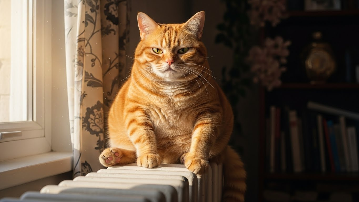 Мурзик на своём законном месте. Девиз: "Зачем прорубь, когда есть батарея?"