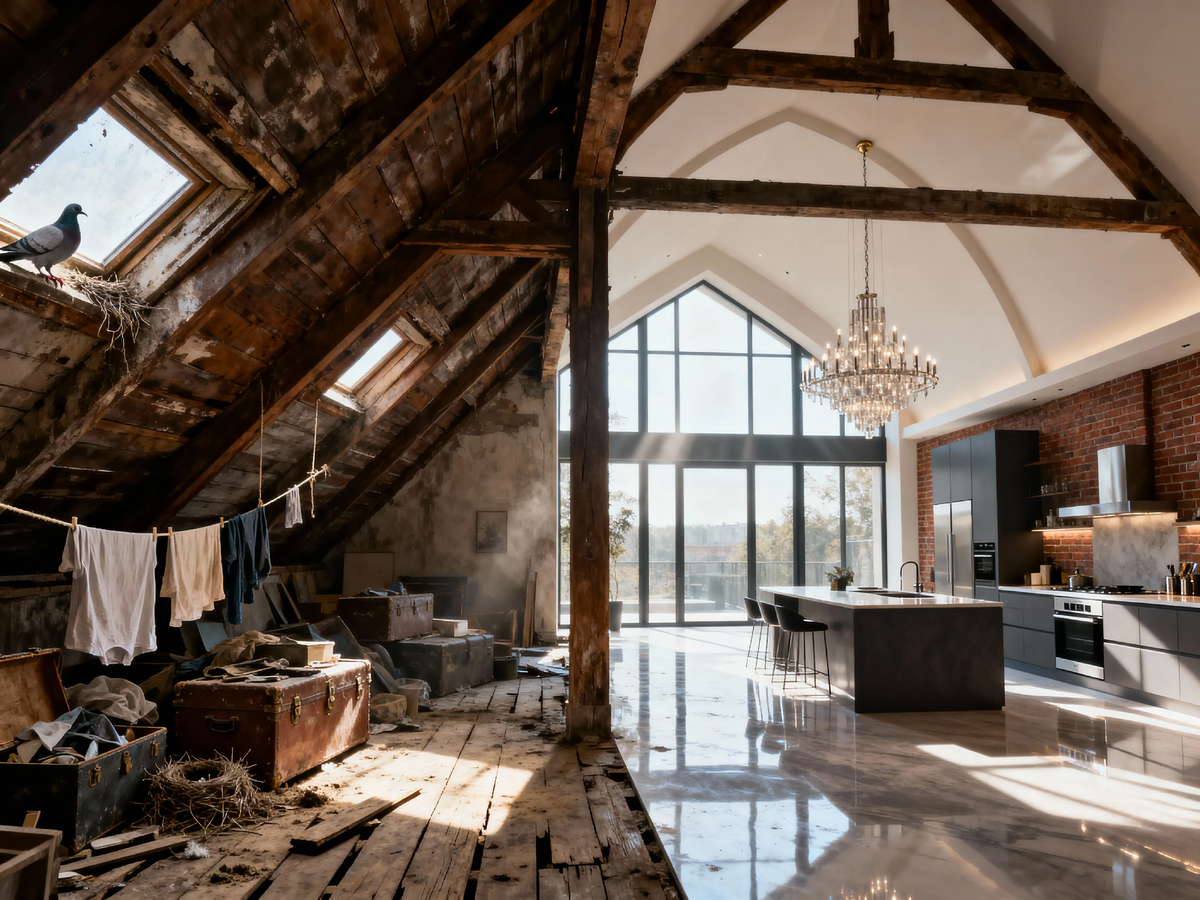 Пространство, которое век хранило прах забытых вещей, теперь блестит полированным бетоном и панорамным остеклением. Голубиный помёт и пыль веков обменяли на дизайнерский лоск, но дух укрытия — тот же.