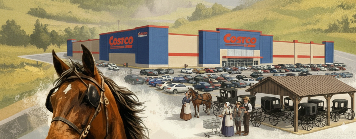 На парковке, рядом с огромными пикапами, стоят специальные навесы для лошадей