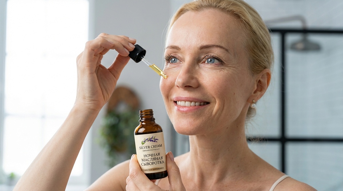 Ночная масляная сыворотка - женщина наносит на лицо. Питание для кожи