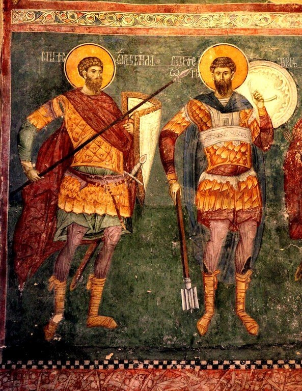 Великомученики Феодор Стратилат и Феодор Тирон. 14 в. Фреска монастыря Печская Патриархия. Косово. Сербия.