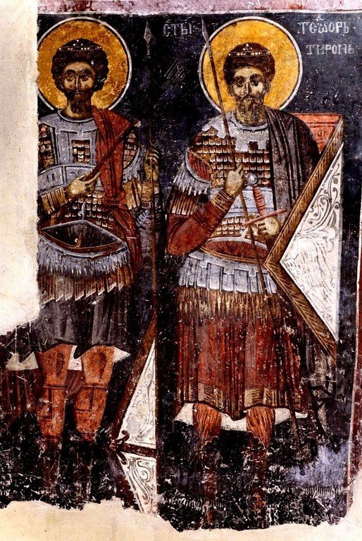 Великомученики Феодор Стратилат и Феодор Тирон. 14 в. Фреска Белой церкви. Каран. Сербия.
