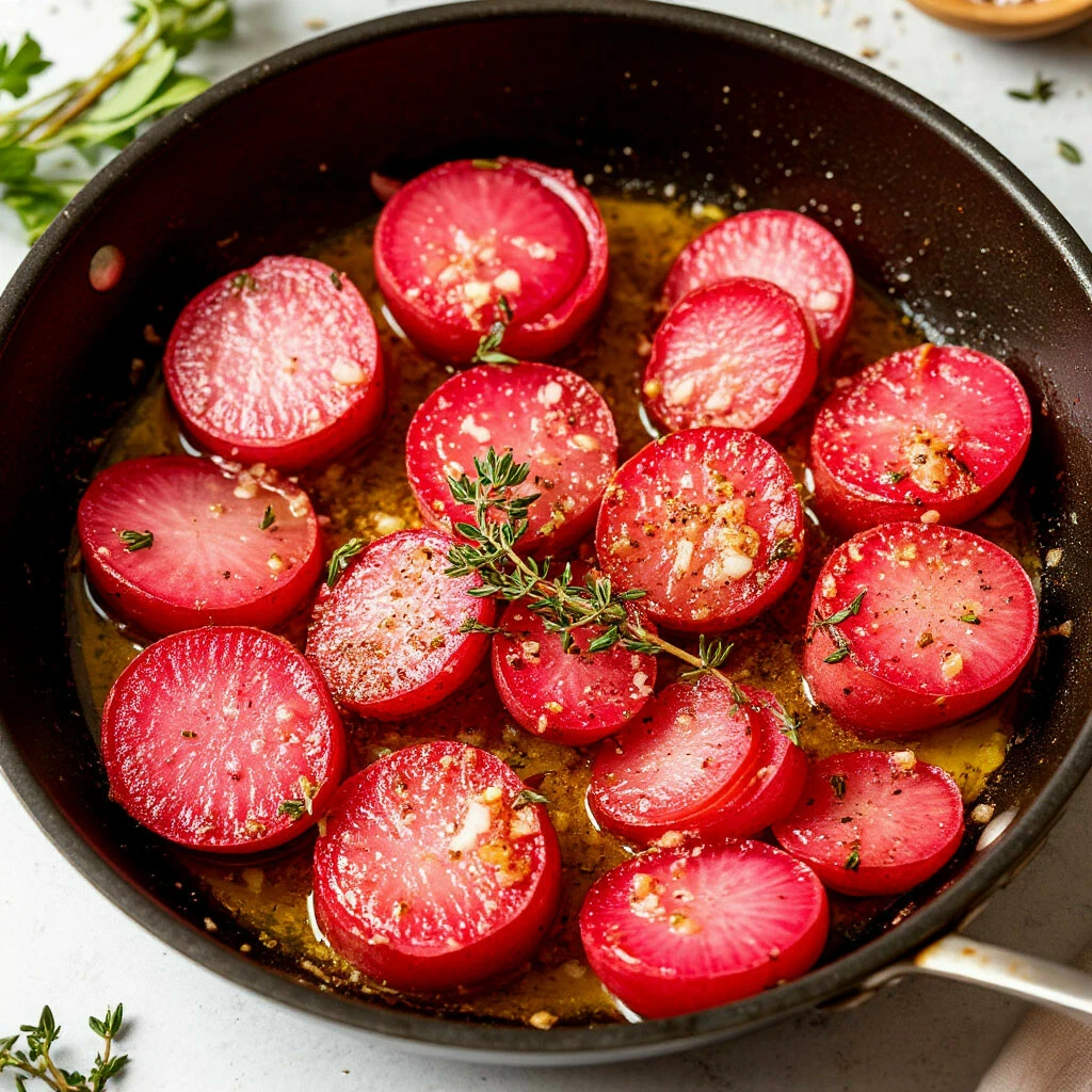 Жареный редис на гарнир. Попробуйте, это меняет представление о редисе!
Редис (1 пучок) разрежьте пополам. Разогрейте в сковороде смесь сливочного и оливкового масла. Выложите редис срезом вниз, посолите, поперчите. Обжаривайте на среднем огне 4-5 минут до легкой золотистости на срезе. Добавьте 1-2 зубчика чеснока (толченого), щепотку тимьяна и 2 ст.л. воды. Накройте крышкой и потушите еще 3-4 минуты, пока редис не станет слегка мягким, но еще с хрустинкой. Подавайте сразу, полив соком со сковороды.