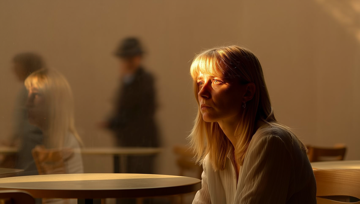 Она одна, но не одинока. В её глазах скрыта сила, которую она ещё не осознаёт.