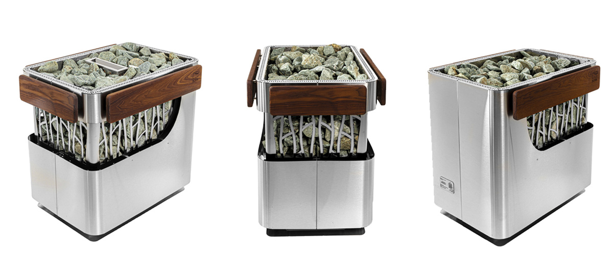 Электрокаменка BORN STONE в стальном цвете с защитным ограждением из гладкого термоясеня