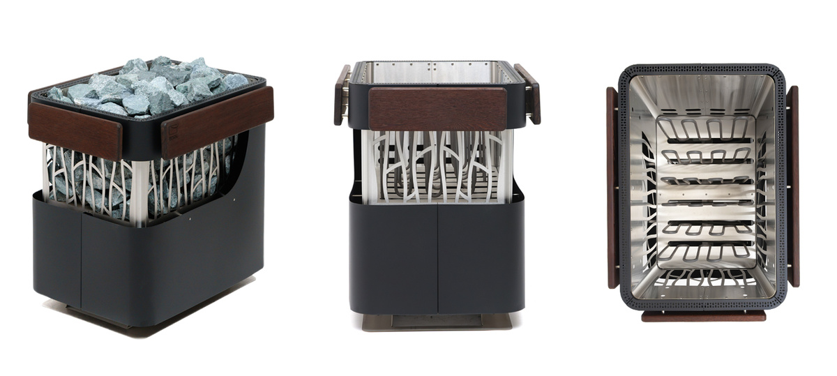 Электрокаменка BORN STONE в черном матовом цвете с защитным ограждением из гладкого термоясеня