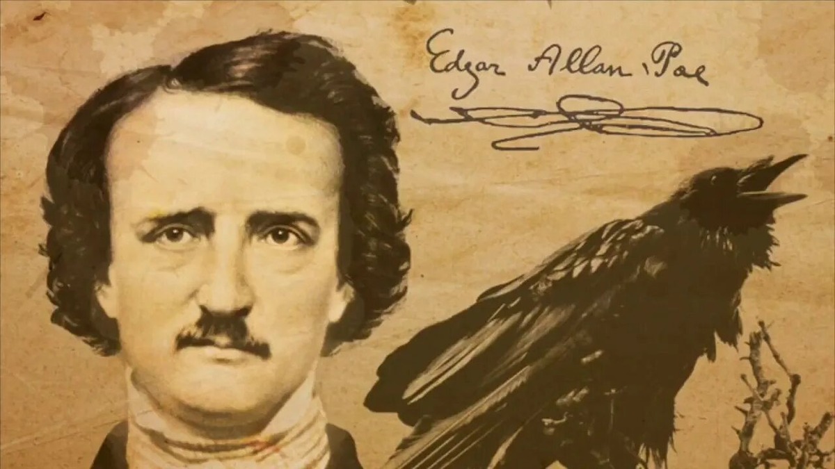 Фото Эдгара По на фоне его рассказа "Ворон". Кстати, поица ворон в мифологии всегда символизировала смерть.