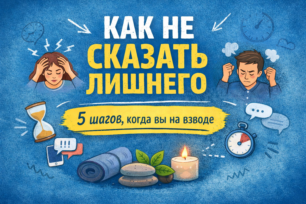 ❗Иногда эмоции приходят волной: злость, обида, тревога, раздражение.
И именно в этот момент мы чаще всего пишем лишнее, повышаем голос, давим, срываемся и делаем то, о чем потом жалеем.

Ниже я написал 5 простых шагов, которые подходят почти для любой ситуации: отношения, работа, дети, конфликты.
Постарался сделать это как алгоритм, который можно сделать прямо сейчас.

✅ Шаг 1. Пауза (самое главное)

Правило: не отвечаем и не выясняем отношения, когда мы на взводе.
Что сказать вместо ответа (примеры фраз):
«Мне сейчас сложно спокойно ответить. Мне нужно время.»
«Я вернусь к этому через 30 минут / вечером.»
«Я услышал (услышала). Сейчас на эмоциях. Дай мне паузу.»

Иногда лучшая фраза — это пауза. Она спасает отношения.☝

✅ Шаг 2. Дыхание “длинный выдох” (1–2 минуты)

Когда накрывает — тело в режиме “бей/беги”. Длинный выдох включает тормоза.

Как делать:
вдох на 4
выдох на 6–8
повторить 10 раз

Важно: выдох длиннее вдоха.

✅ Шаг 3. Назовите, что с вами происходит

Когда эмоция “без имени” — она сильнее.
Назвали — мозг начинает думать.

Формула:
«Я сейчас чувствую ___ (злость/страх/обиду) на ___ /10.»
«Меня задело ___ (что именно).»
«Мне хочется ___ (накричать/написать/доказать), но я могу подождать.»

Пример:
«Я злюсь на 8/10. Хочу резко ответить. Я беру паузу.»
Это помогает вам вернуться из эмоций в "здесь и сейчас"

✅ Шаг 4. Сбросьте напряжение через тело (2–5 минут)

Иногда нужно не “разобраться”, а снять пик.

Выберите один вариант:

-20 приседаний / быстрая ходьба 3 минуты
-Холодная вода на лицо 20–30 секунд
-Сжать кулаки на 5 секунд → расслабить (10 раз)

Эмоции — это не только мысли. Это ещё и тело: пульс, напряжение в груди, тремор рук, мигрень и прочее.

✅ Шаг 5. Два вопроса Взрослого (возвращают контроль)

Когда накрывает, хочется “сделать сейчас”.
А вы возвращаете руль двумя вопросами:

Что я хочу получить в итоге? (результат, а не “доказать”)

Какое действие улучшит ситуацию, а не ухудшит?

После этого выбирайте самый безопасный шаг:
пауза / разговор поз