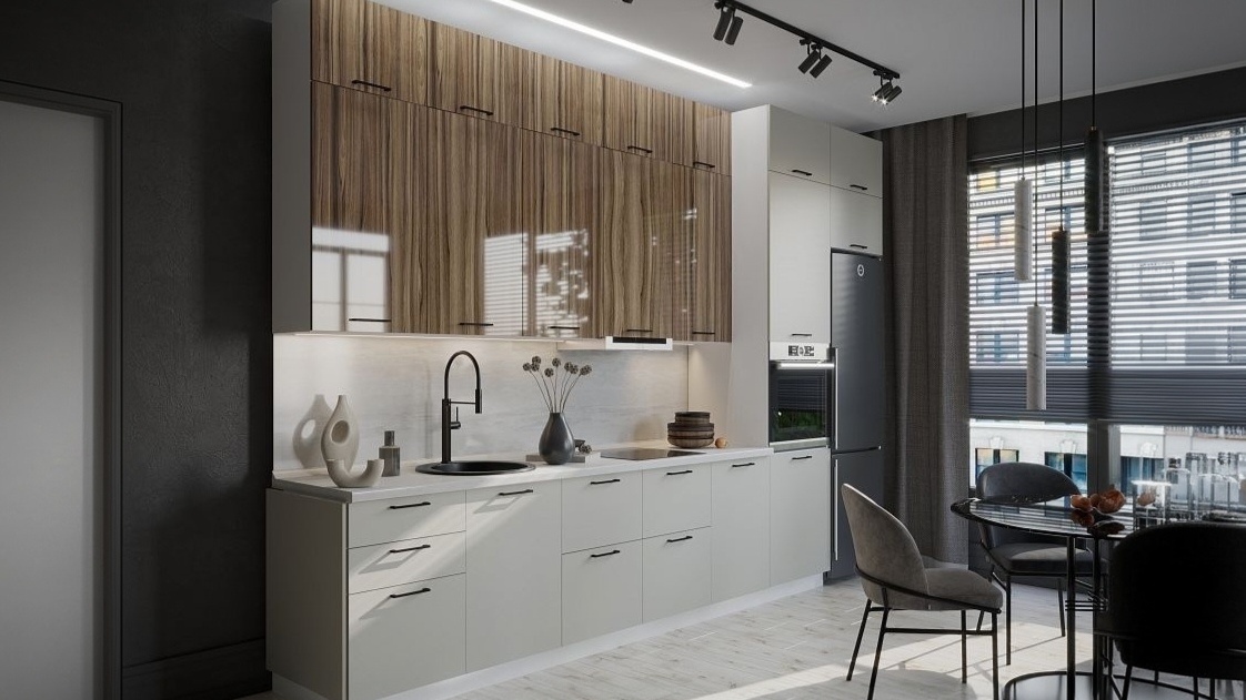 Кухонный гарнитур Эстетик Фабрика Сурская мебель Цвет фасада: Рефлекшн вуд/Манолия матовый