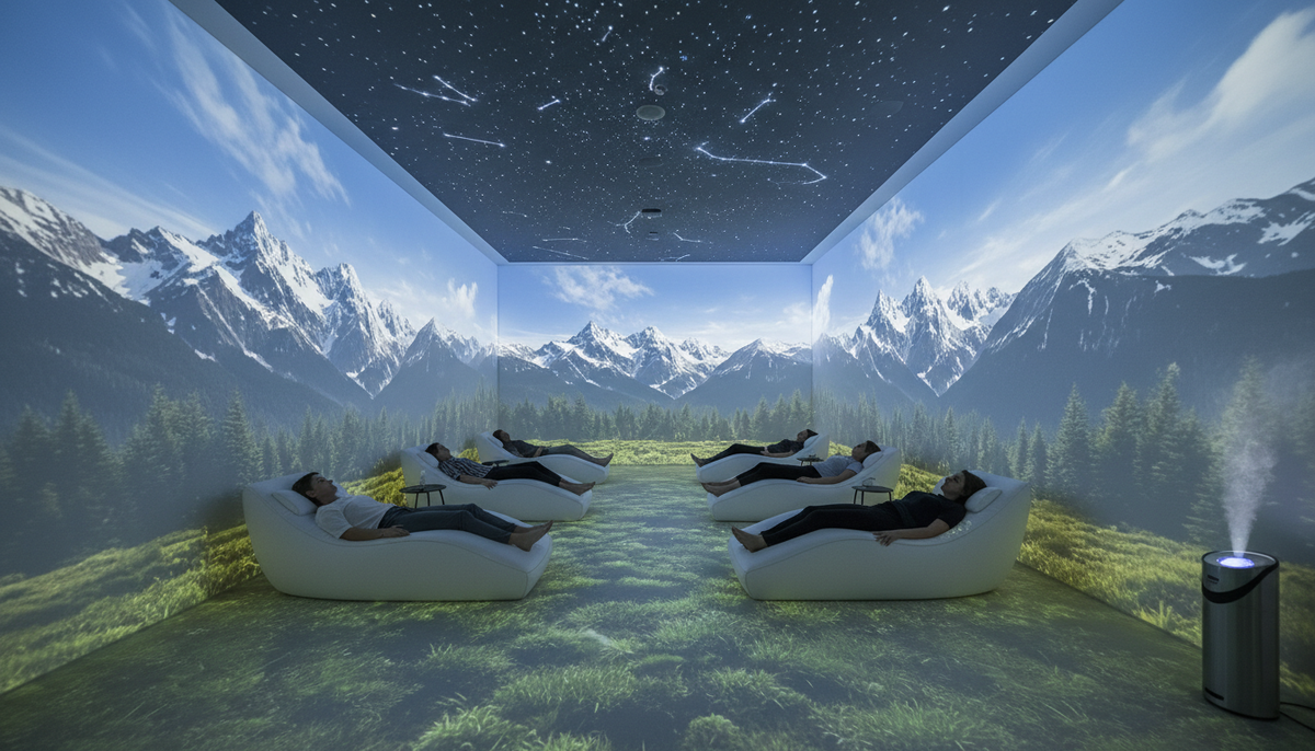 Проекционная комната для релакса с видами гор, северного сияния, звездного неба