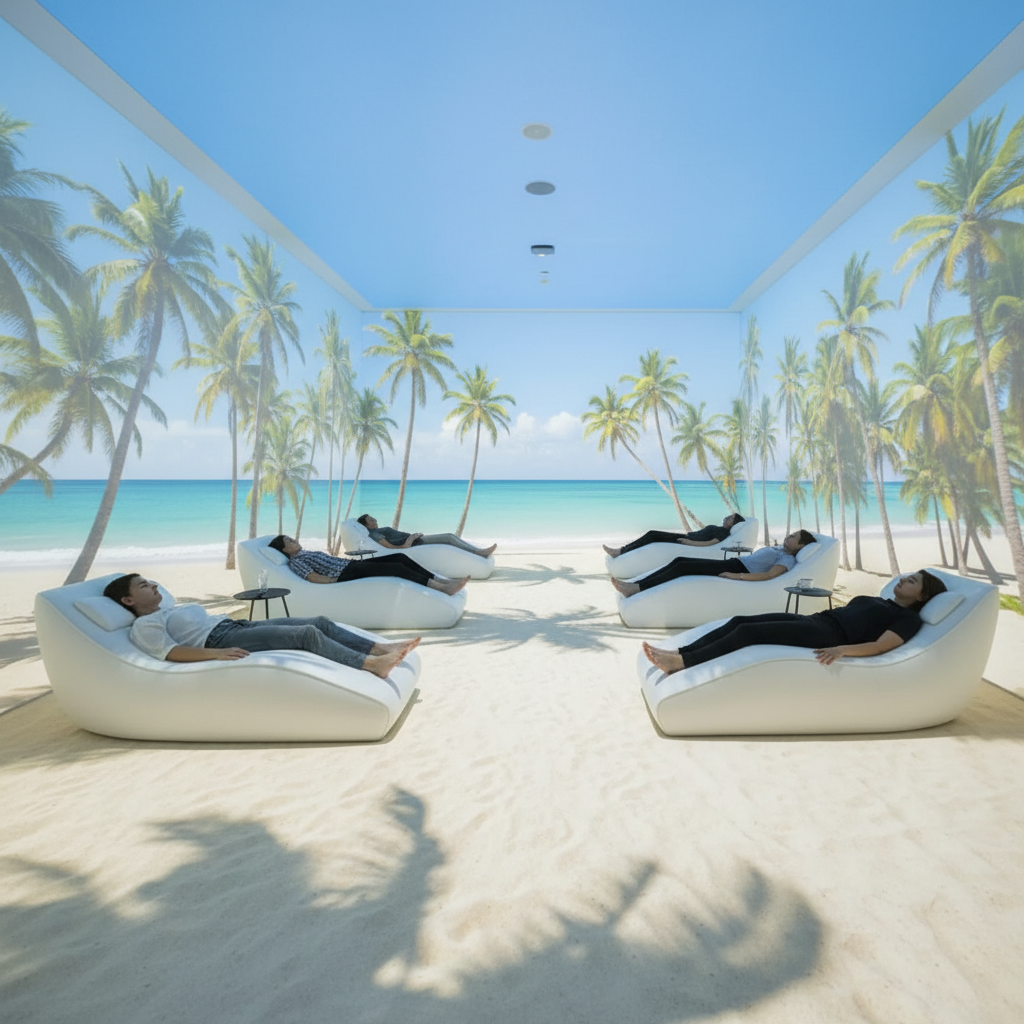 Проекционная комната для релакса с видами пляжей, моря, расслабляющим видео-контентом