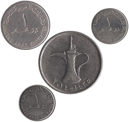 Монета номиналом 1 дирхам Объединëнных Арабских Эмиратов (ОАЭ) выпуска 1973-1989 гг., 1995-2007 гг. и 2012-2022 гг.