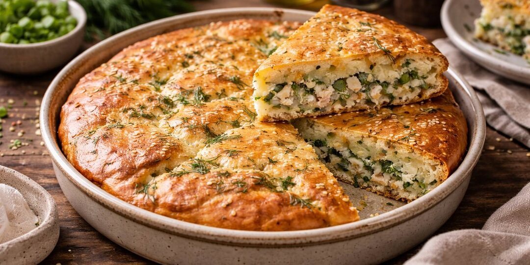 Заливной пирог с рыбой и зеленью — выручает, когда не хочется возиться с тестом