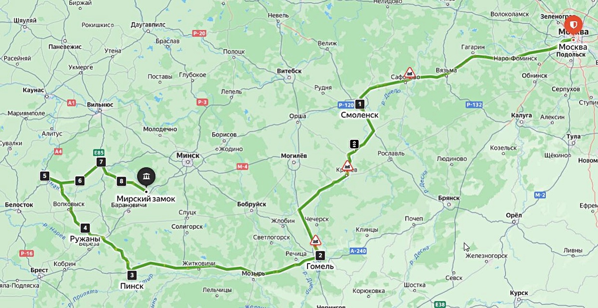 Карта автомаршрута по Западной Беларуси