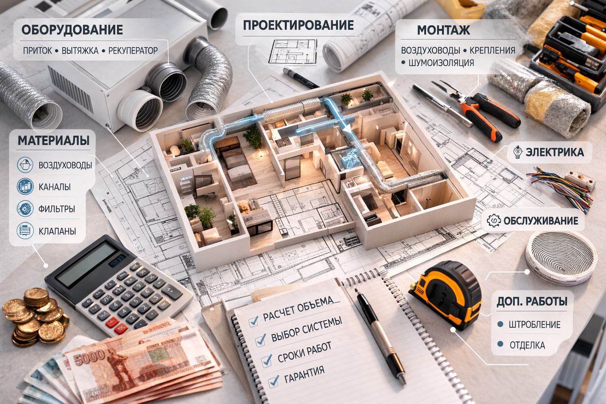 Бюджет вентиляции складывается не только из самой установки, но и из проекта, материалов, монтажа, электрики и обслуживания. Именно поэтому итоговая сумма почти всегда выше цены одного блока.