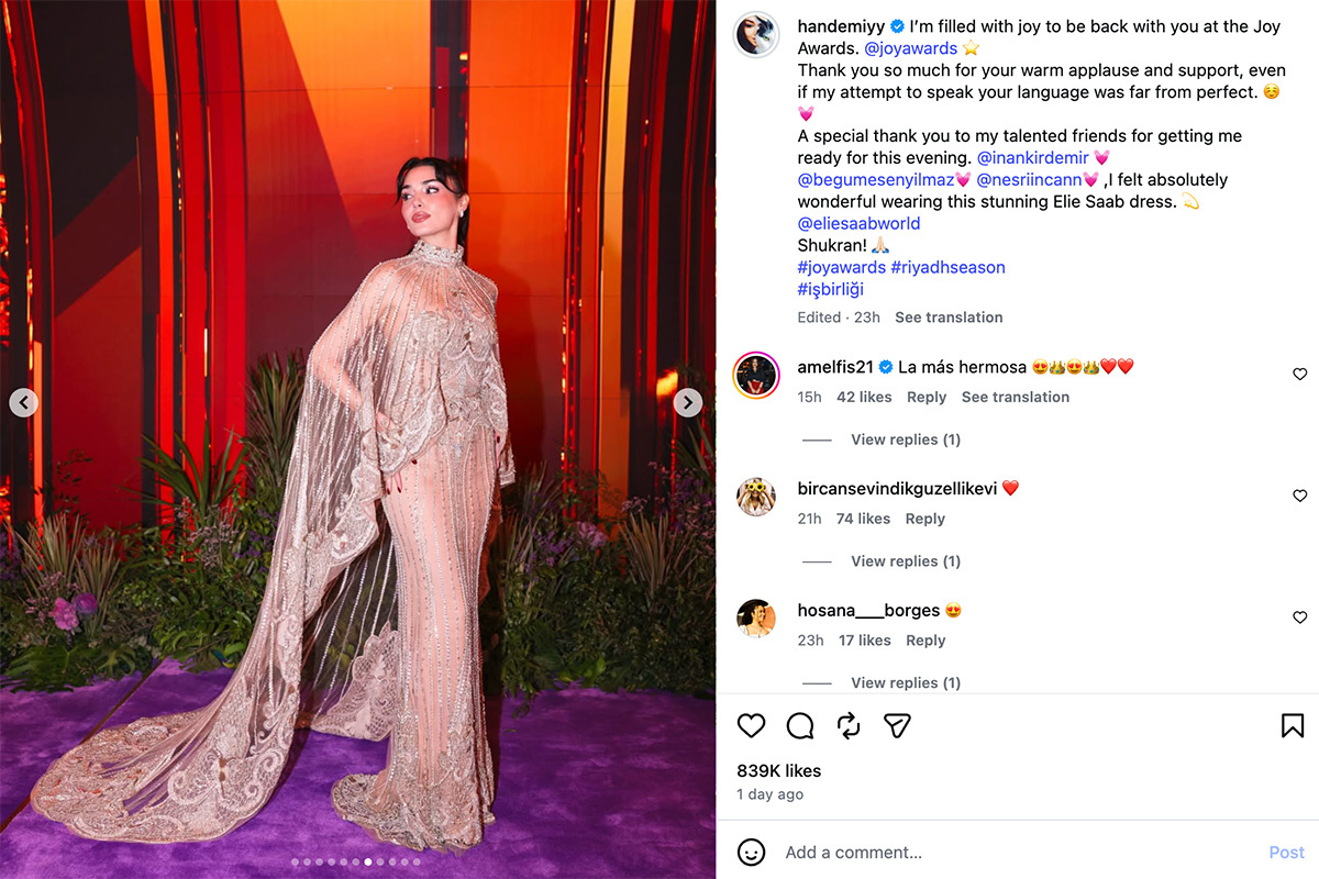 handemiyy / Instagram (входит в корпорацию Meta, признана экстремистской и запрещена в России)📷Ханде Эрчел на церемонии Joy Awards, 18 января 2026 года