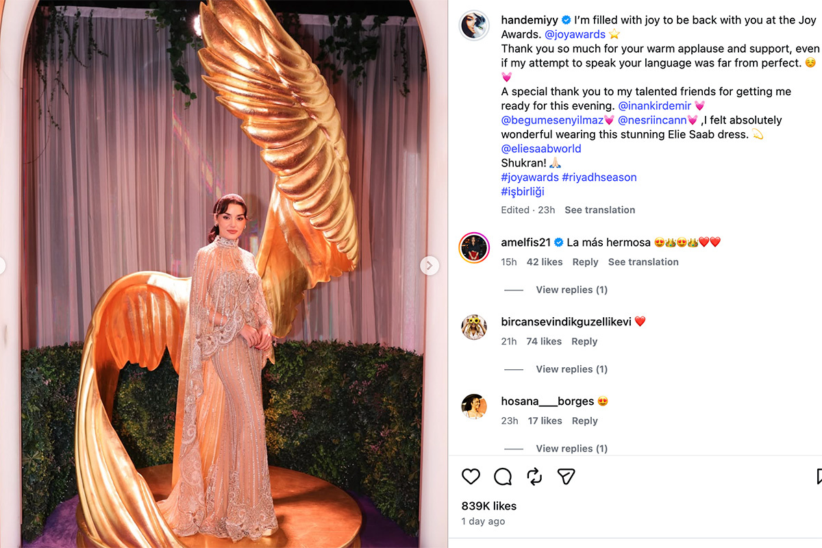 handemiyy / Instagram (входит в корпорацию Meta, признана экстремистской и запрещена в России)📷Ханде Эрчел на церемонии Joy Awards, 18 января 2026 года