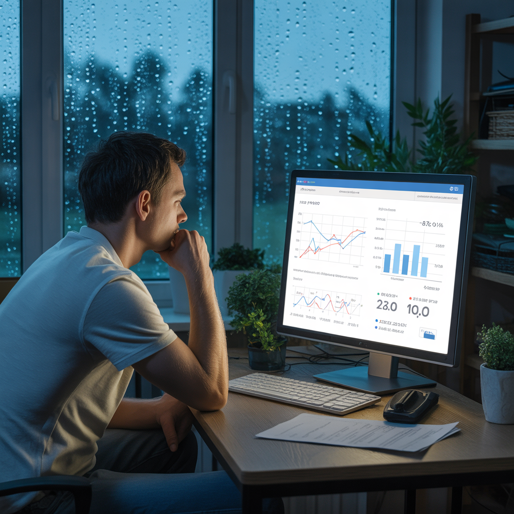 Дождь стучал в окно его офиса не мелкой дробью, а тяжелыми, усталыми каплями, будто отбивая такт его собственным мыслям. Картинка сгенерирована ИИ.