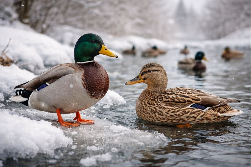 Перья уток удерживают тёплый воздух, а лапы остаются холодными