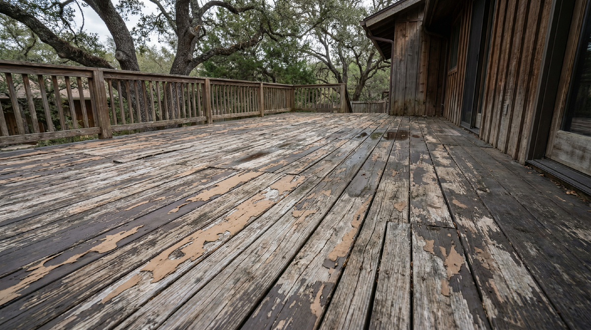 Разрушенное покрытие террасы после сезона
