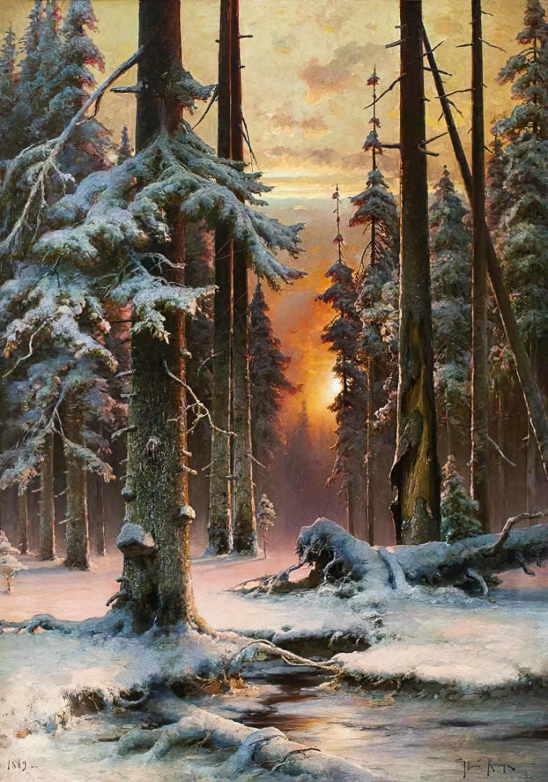 "Зимний закат в еловом лесу", 1889 год. Холст, масло 143 х 104 см. Иркутский областной художественный музей им. В.П. Сукачева. Клевер Юлий Юльевич