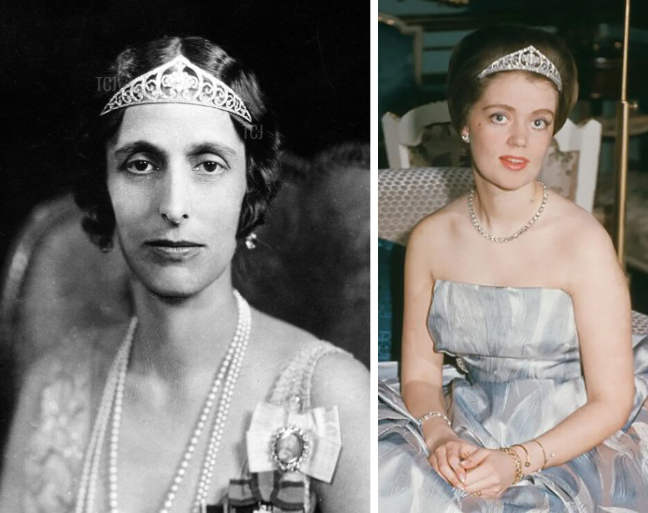 Слева королева Луиза в бриллиантовой тиаре, справа принцесса Бригитта в этой же тиаре