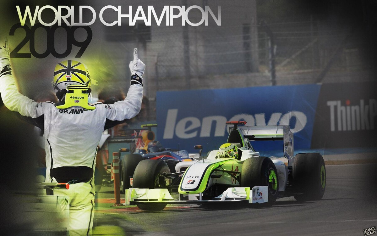 Дженсон Баттон в Brawn GP. Выступал за команду в 2009 году и в составе команды стал Чемпионом Мира в классе Формула 1 в 2009 году