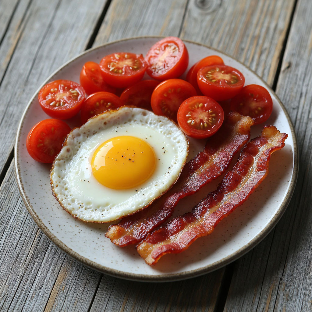 Яичница с беконом + помидоры.