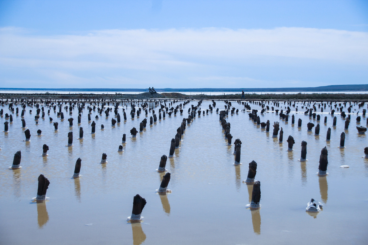 Сегодня свидетели Екатерининской эпохи — деревянные сваи, раньше на них клали деревянные настилы, на которых рыхлую влажную соль черпали со дна и выкладывали сушиться на солнце, затем собирали, грузили в мешки и отправляли фурами в Саратов, а оттуда — в Москву