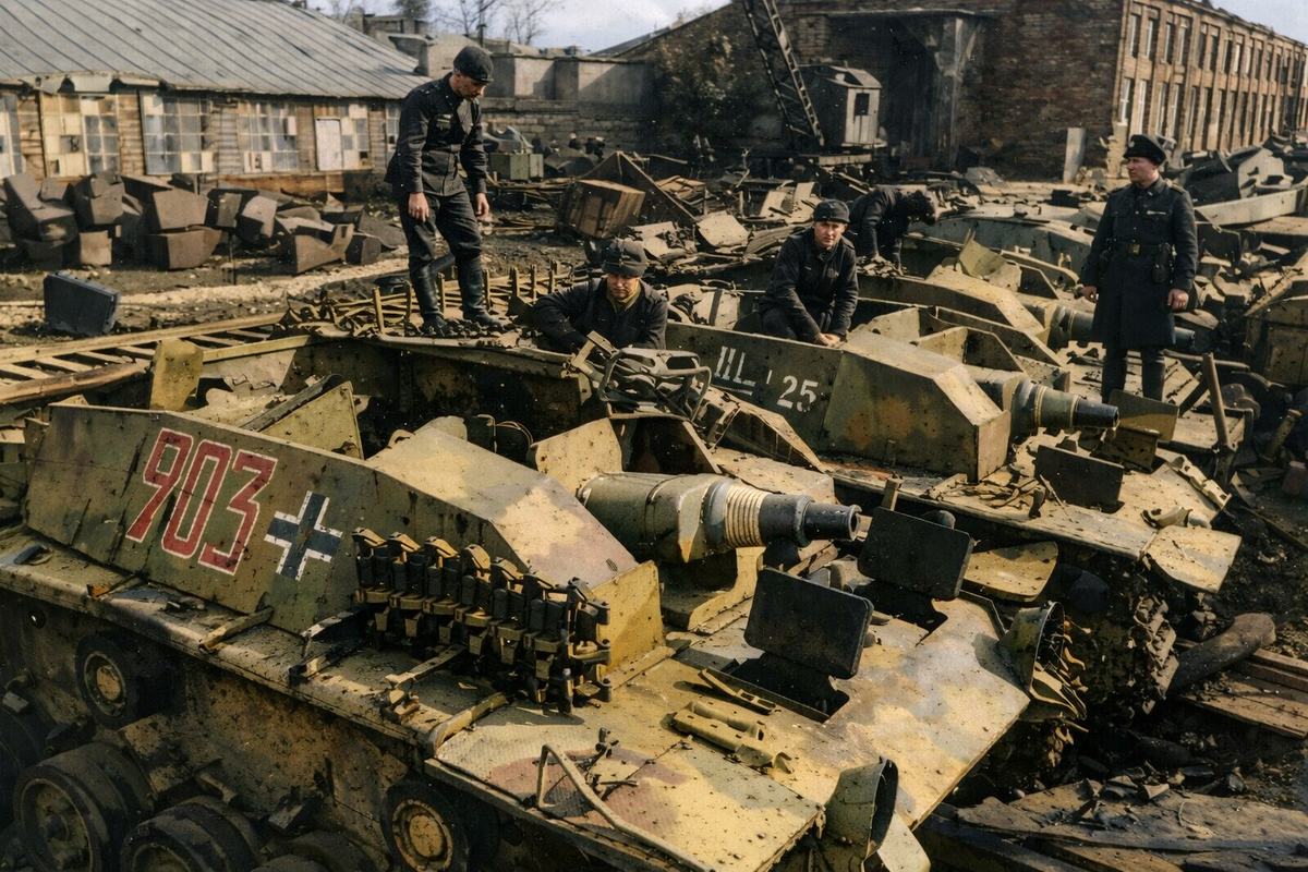 Трофейные StuG III на заводе «Подъемник» весной 1942