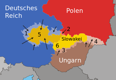 Схема расчленения Чехословакии в 1938-1939 годах. 1 – Судетская область, захваченная Германией; 2 – Тешинская область, захваченная Польшей; 3 – приграничные районы, захваченные Венгрией; 4 — Карпатская Украина, захваченная Венгрией, 5 — земли Богемии и Моравии, захваченные Германией; 6 – Словакия – сателлит Германии